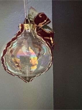 Clear Glass Holiday Ornament with Burgundy Velvet Bow and Gold Trim